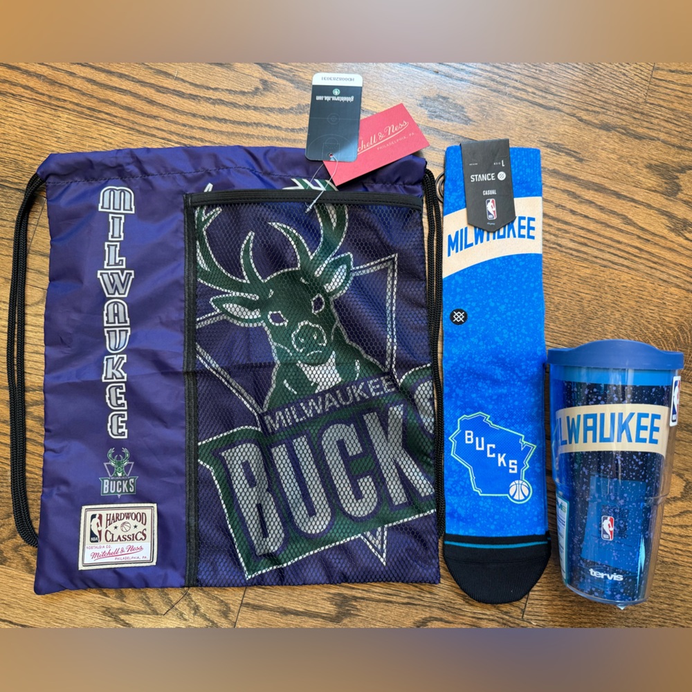 Milwaukee Bucks gift trio—cinch bag, Stance socks, Tervis tumbler—NWT